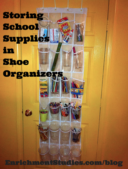 storing school supplies in shoe organizers